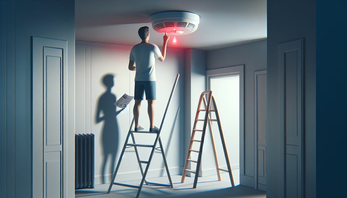 A person turning off a smoke alarm on the ceiling.