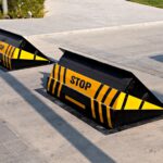 Wedge barriers blocking vehicle threats in a high-security zone.