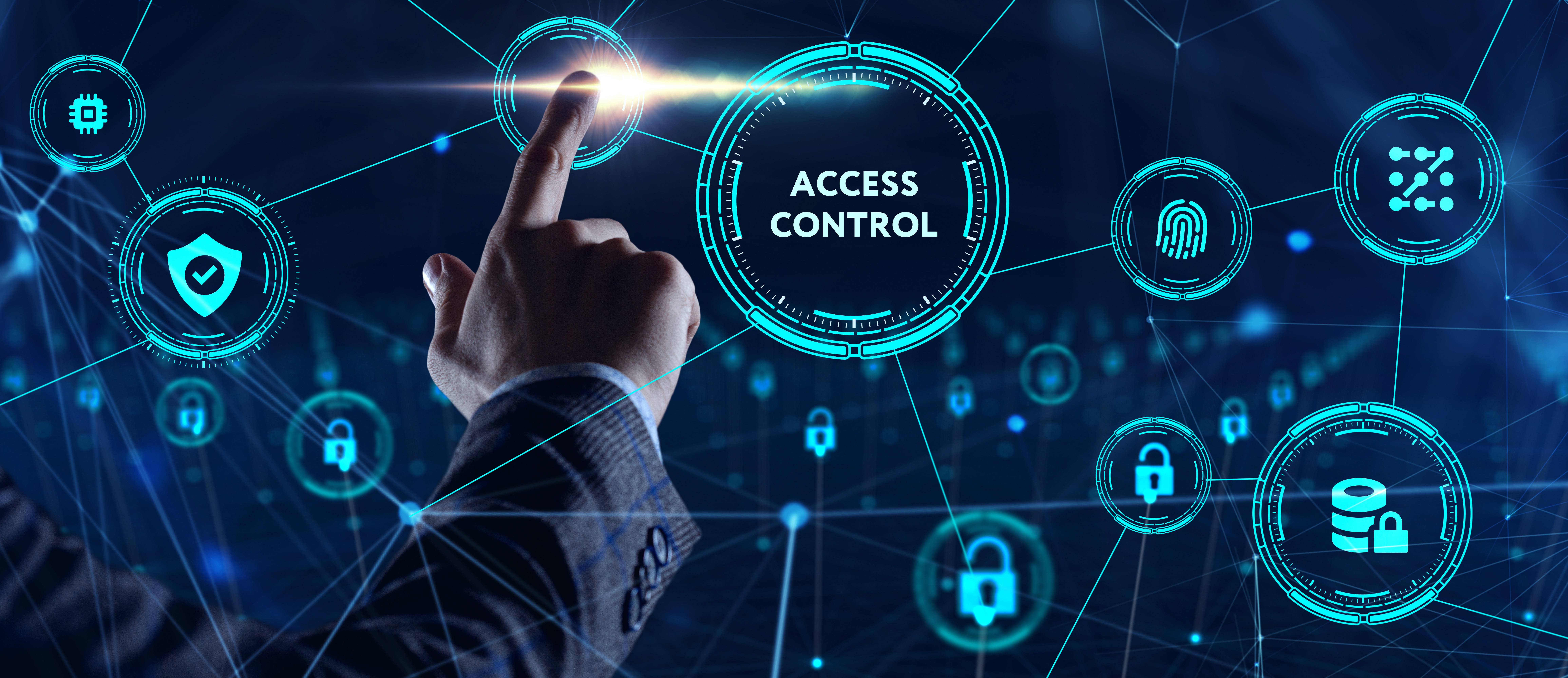 A hand interacting with a digital access control system interface with security icons and network connections.
