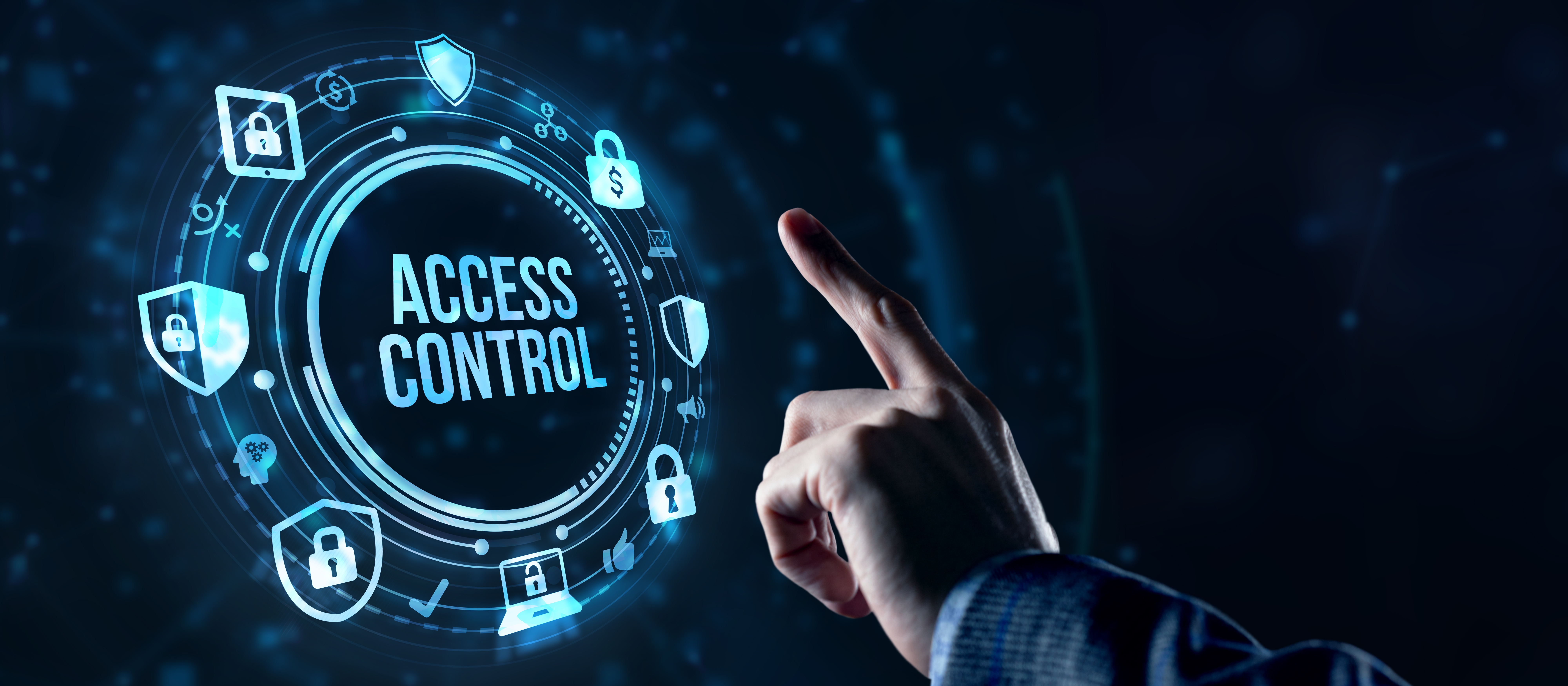 Finger pressing a digital commercial access control systems interface with biometric and security icons.